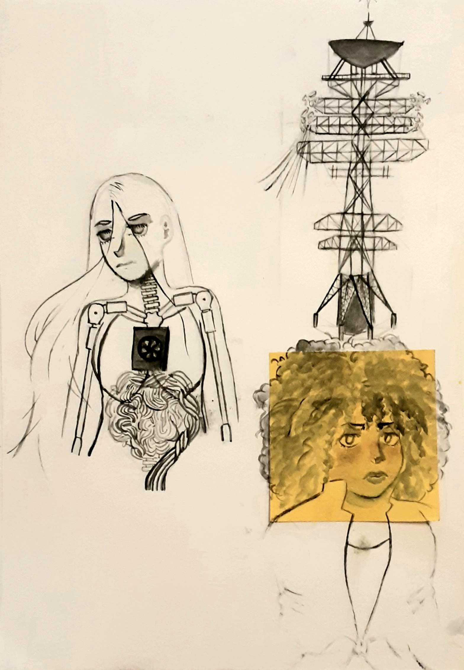 Three inked sketches on a page; A thin transparent android with wires grouped in a shape similar to intestines, a complex radio tower-electric tower hybrid, and a tense/worried woman with a afro.