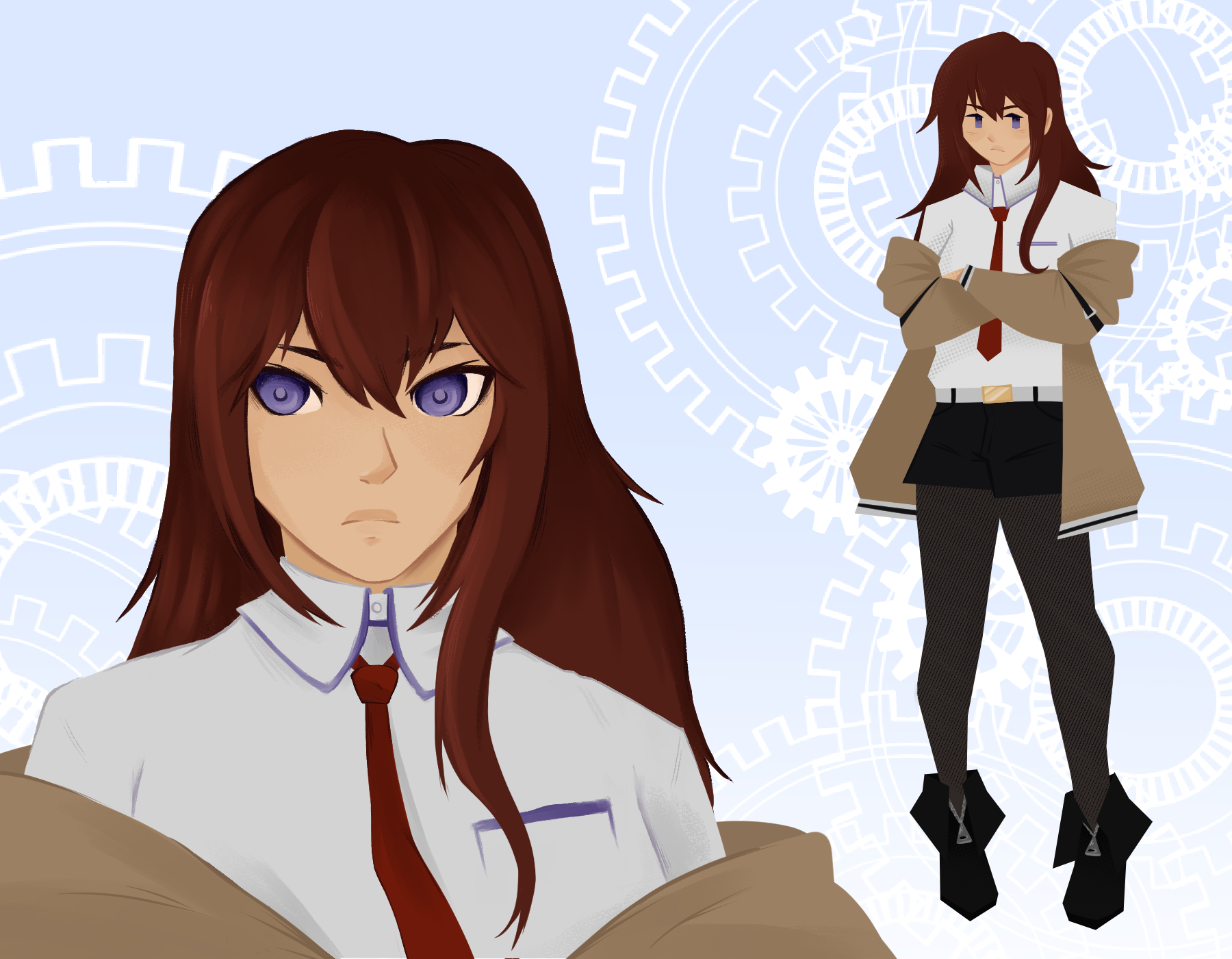 A bust and full body drawing of Kurisu from steins gate against a pale blue background covered in gears.