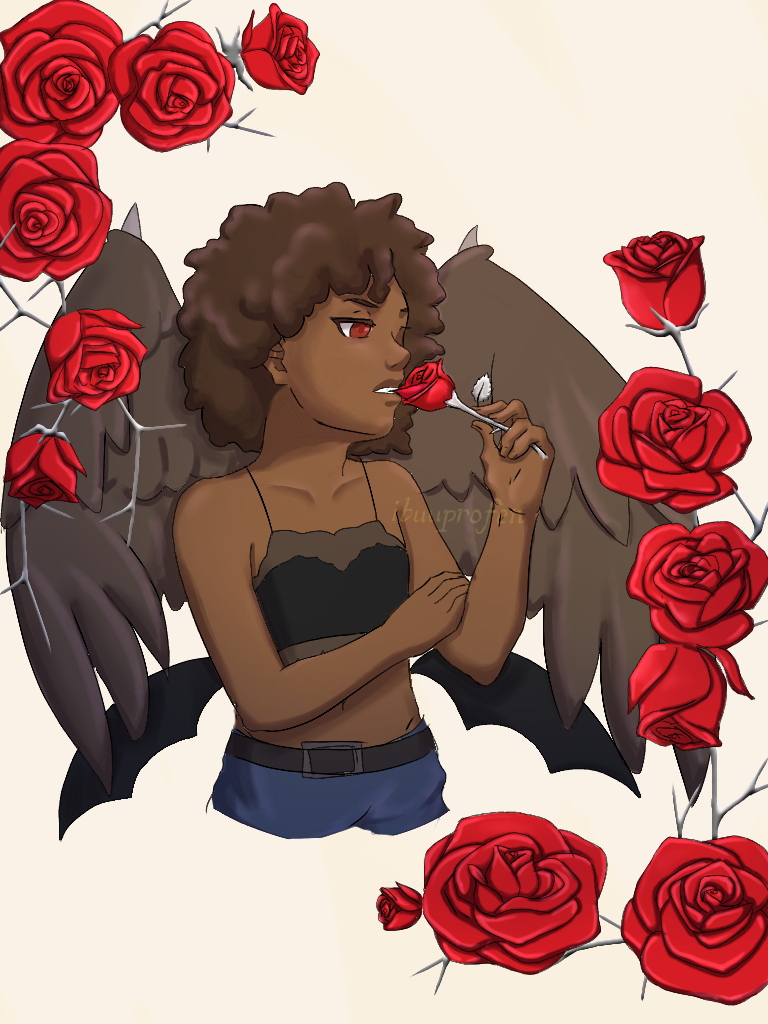 An angel wih brown wings and small bat wings surrounded by roses.