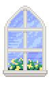 Pixel art of a window out of which you can see yellow roses in a planter and wispy clouds floating upwards.